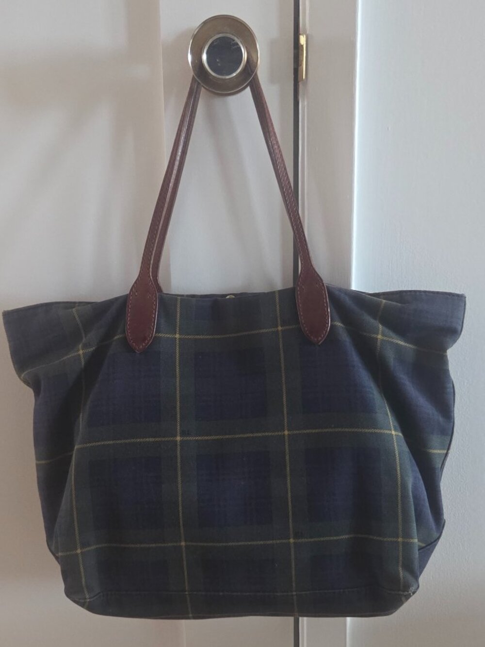 Ralph Lauren Tartan Plaid Tote Bag with Brown Leather Straps